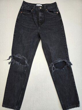 Zara Womens Black High-Waisted Distressed Mom Jeans Size 2